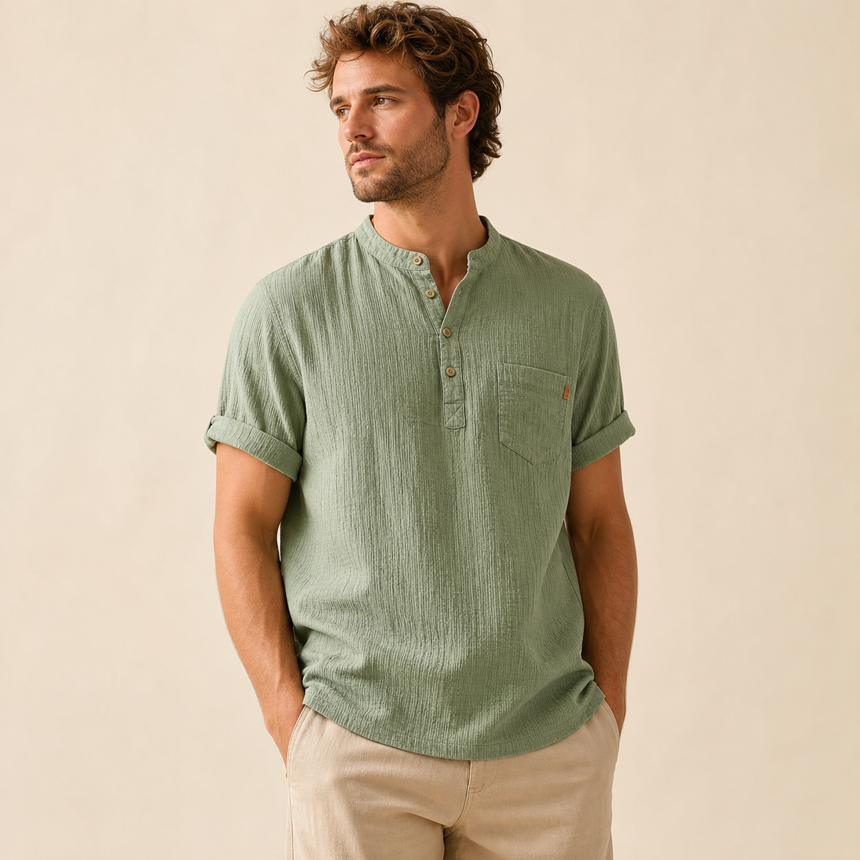 Sage Green men's short sleeve band collar pocket henley shirt