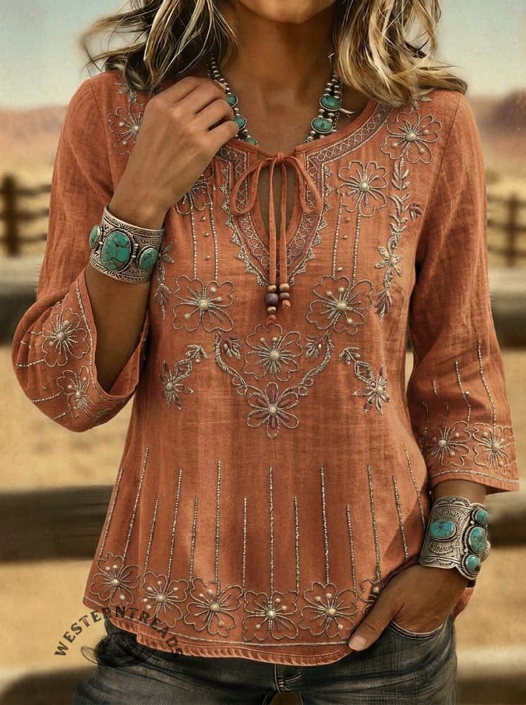 Women's  Floral Embroidered Boho Blouse – Casual 3/4 Sleeve Tie-Neck Top