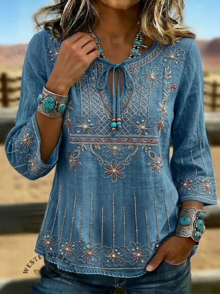 Women's  Floral Embroidered Boho Blouse – Casual 3/4 Sleeve Tie-Neck Top