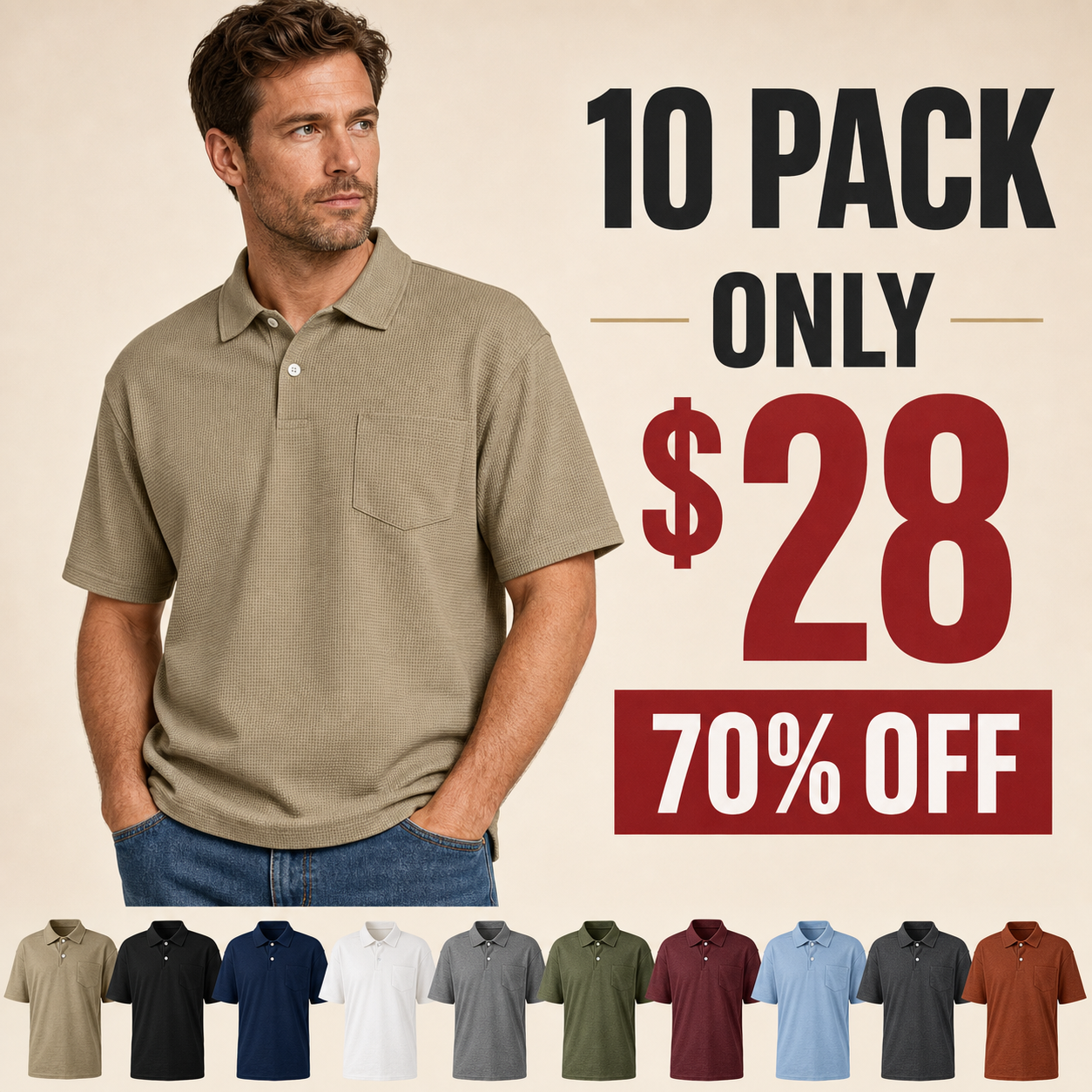 10 pack only 28 dollars men's textured waffle pocket polo shirt