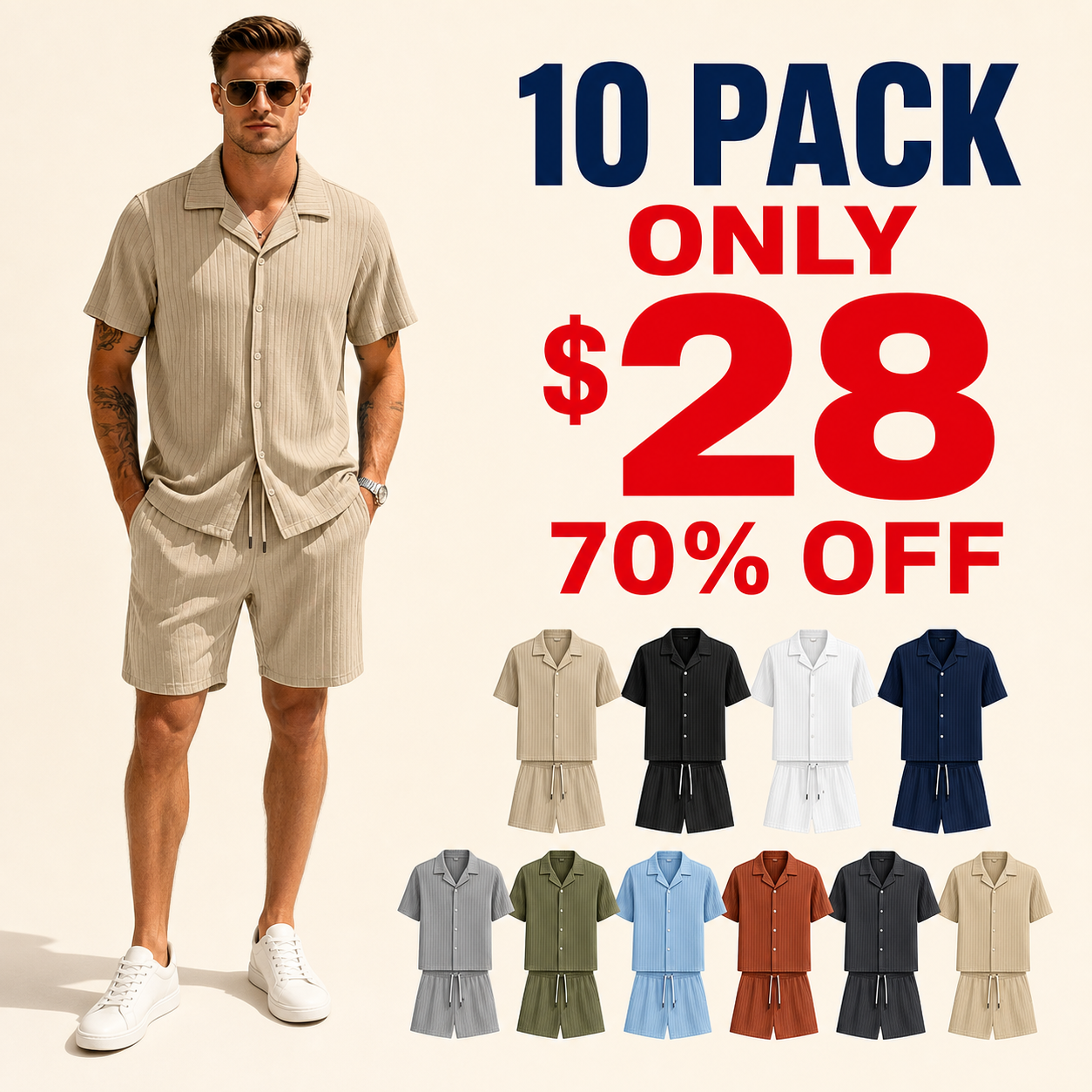 10 pack only 28 dollars men's ribbed shirt and shorts set