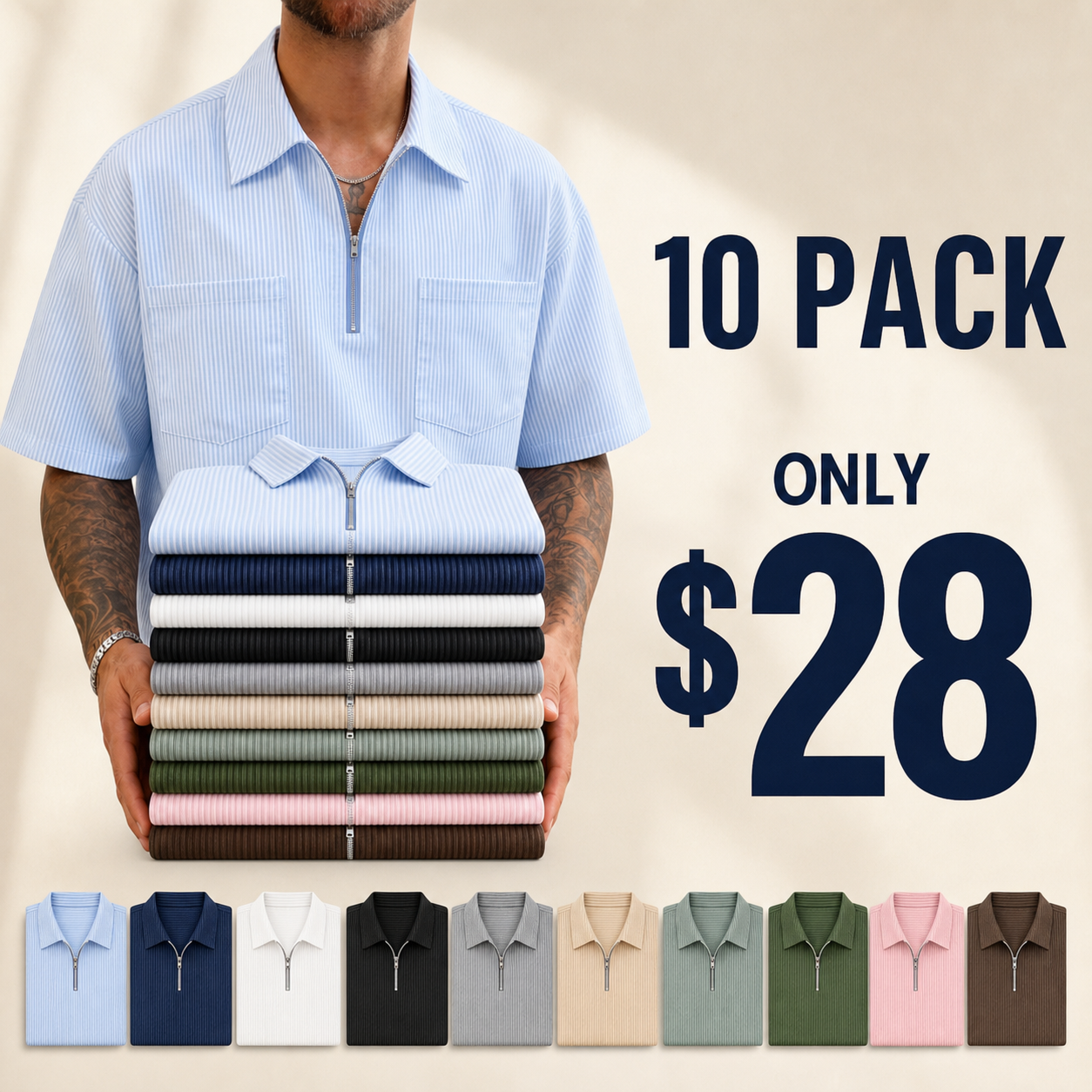 10 pack only 28 dollars men's striped quarter zip shirt