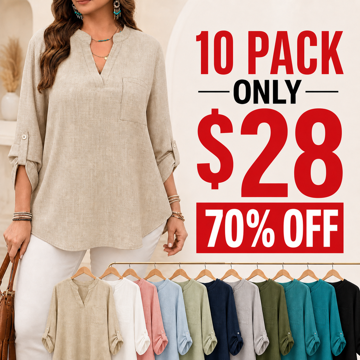 10 pack only 28 dollars women's linen-look split neck blouse