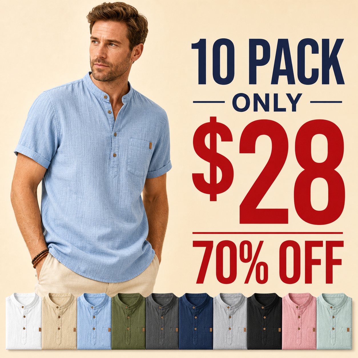10 pack only 28 dollars men's short sleeve band collar pocket henley shirt