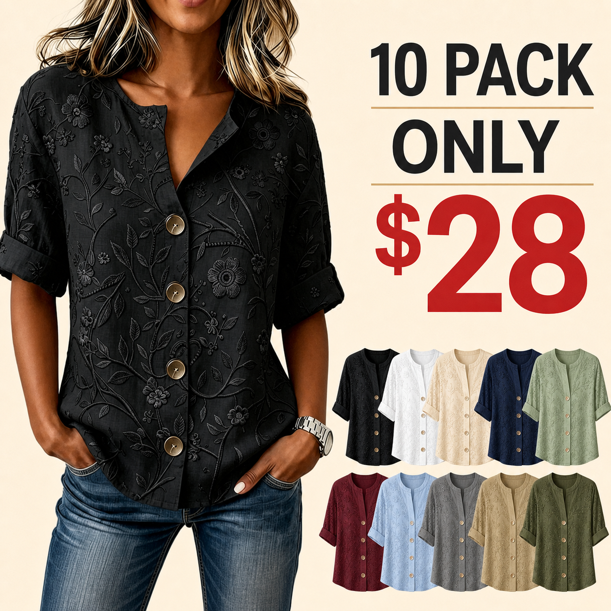10 pack only 28 dollars women's embossed floral button shirt