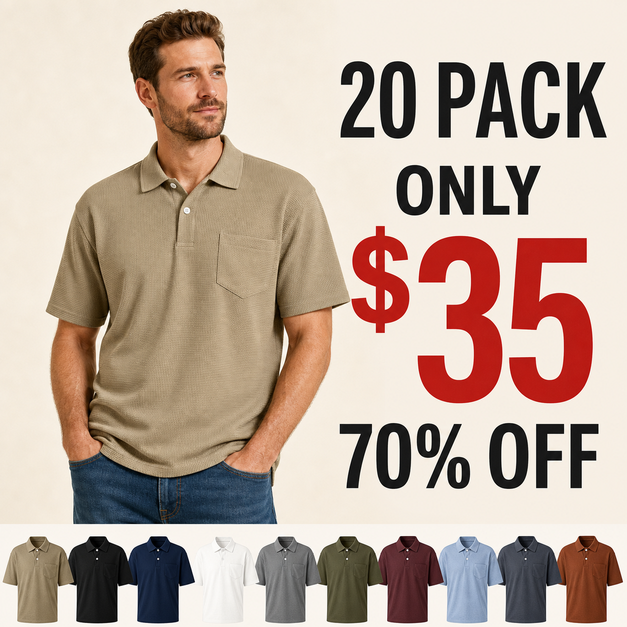 20 pack only 35 dollars men's textured waffle pocket polo shirt