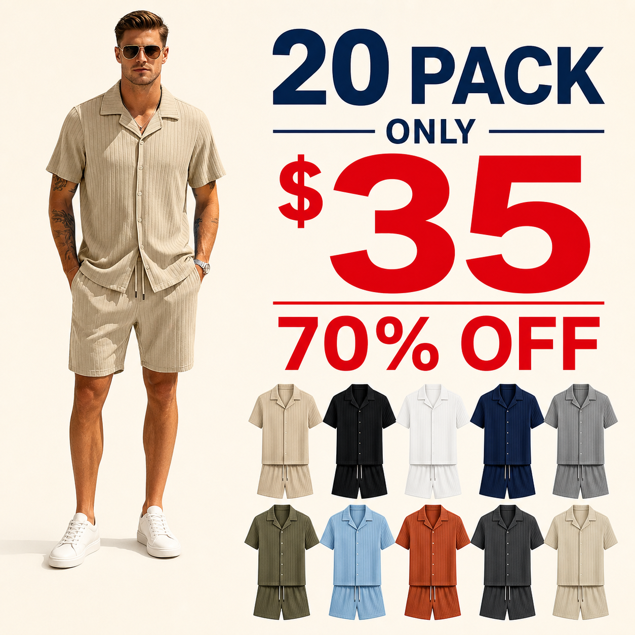 20 pack only 35 dollars men's ribbed shirt and shorts set