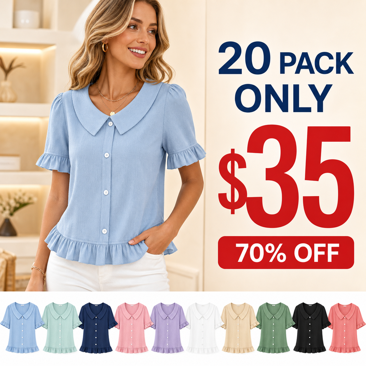 20 pack only 35 dollars women's ruffle collar button blouse
