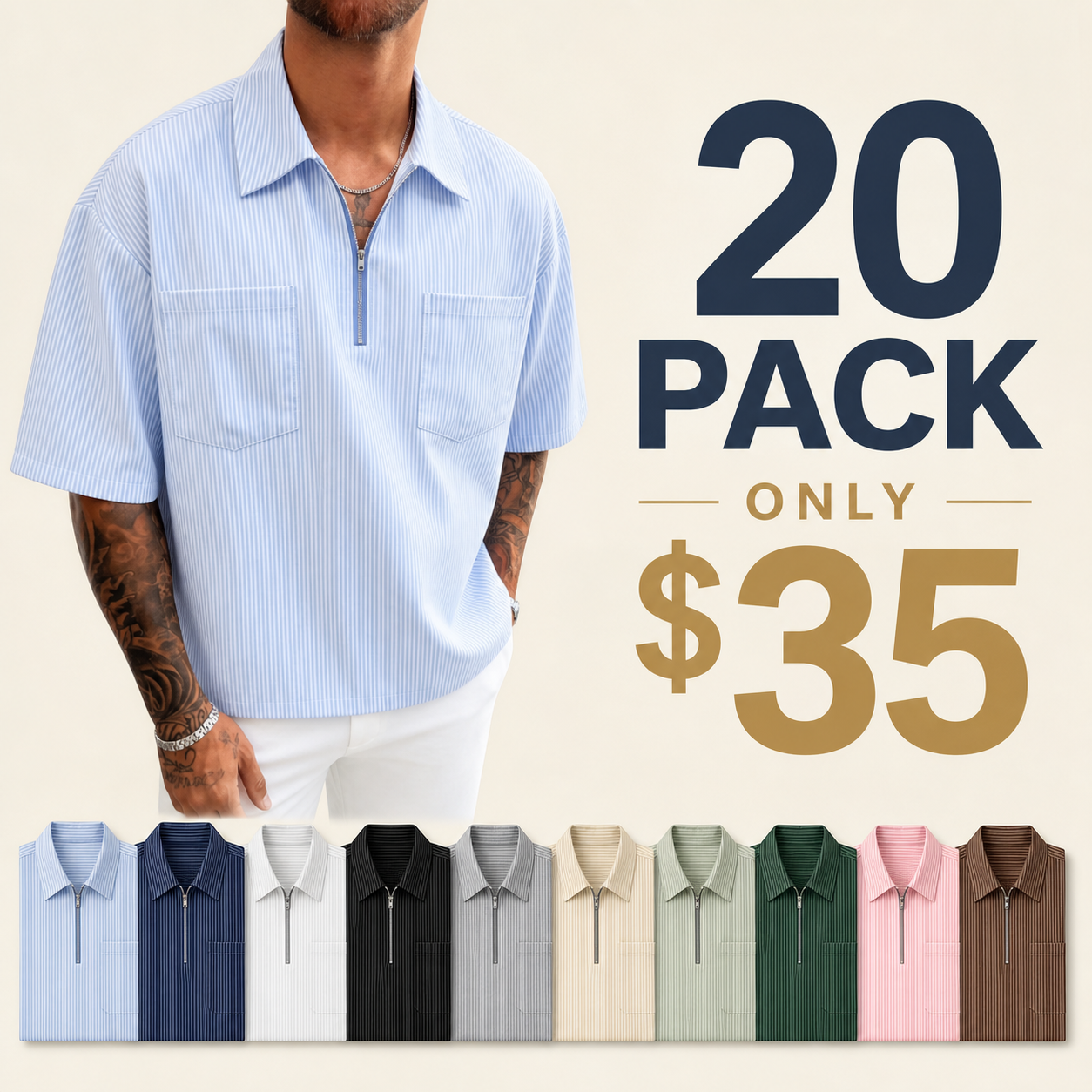 20 pack only 35 dollars men's striped quarter zip shirt