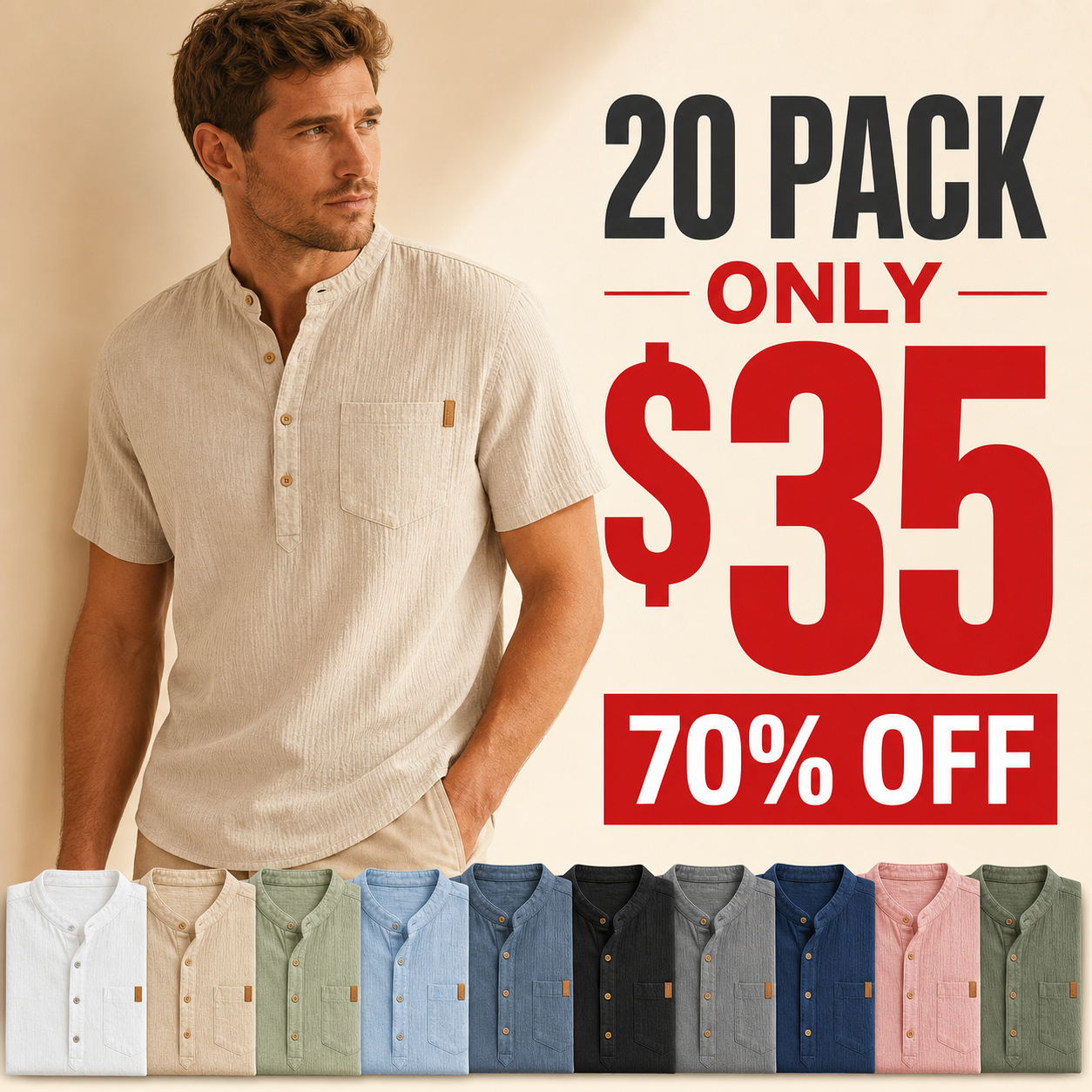 20 pack only 35 dollars men's short sleeve band collar pocket henley shirt