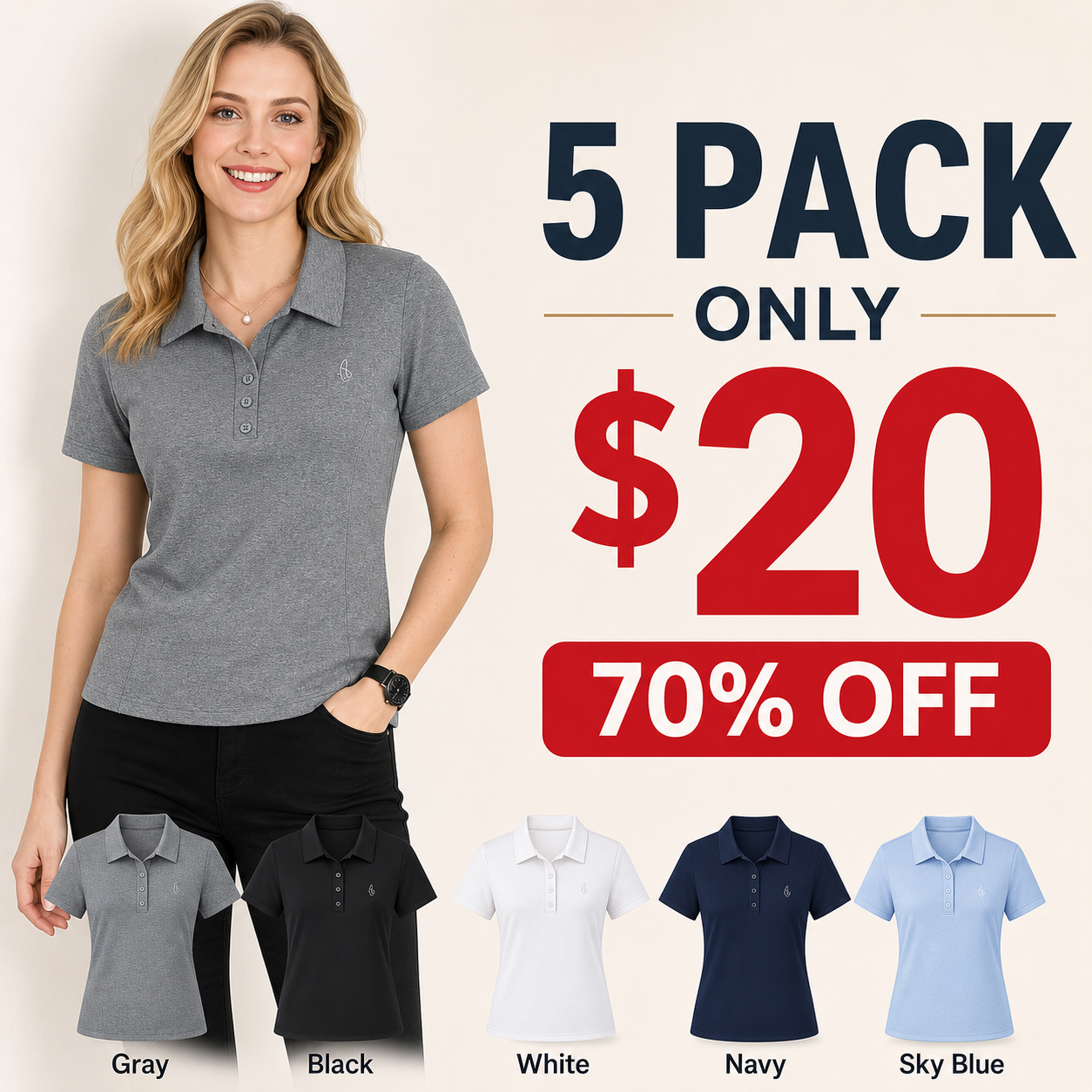 5 pack only 20 dollars women's short sleeve polo shirt