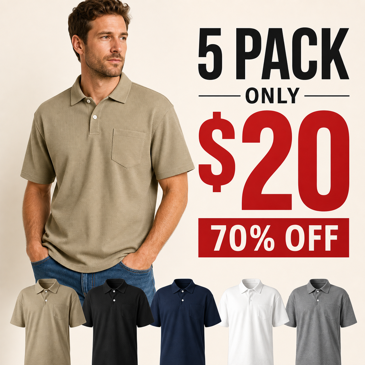 5 pack only 20 dollars men's textured waffle pocket polo shirt