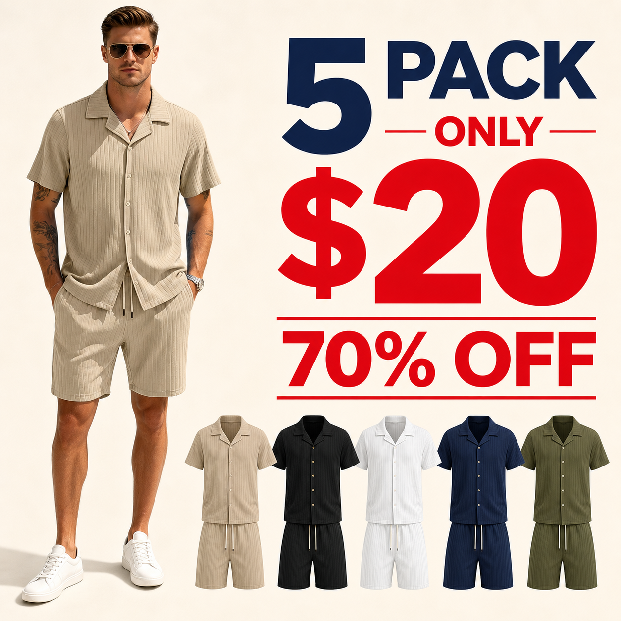 5 pack only 20 dollars men's ribbed shirt and shorts set