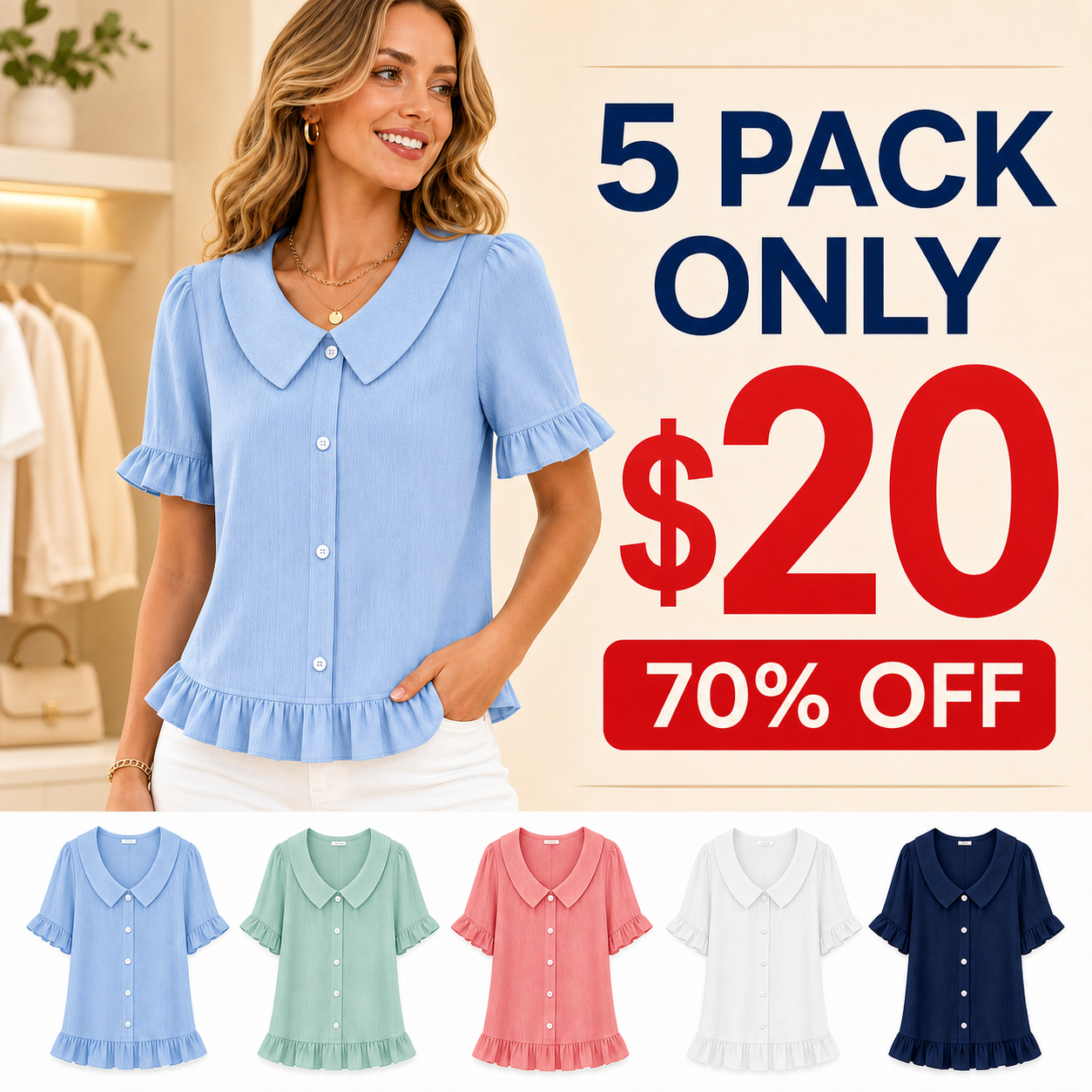 5 pack only 20 dollars women's ruffle collar button blouse