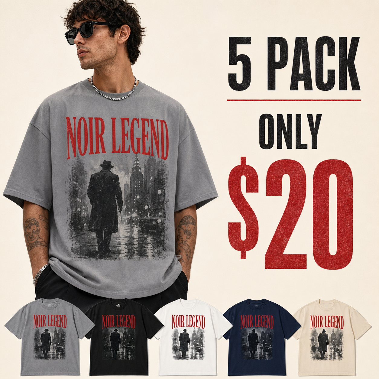 5 pack only 20 dollars men's vintage noir graphic tee