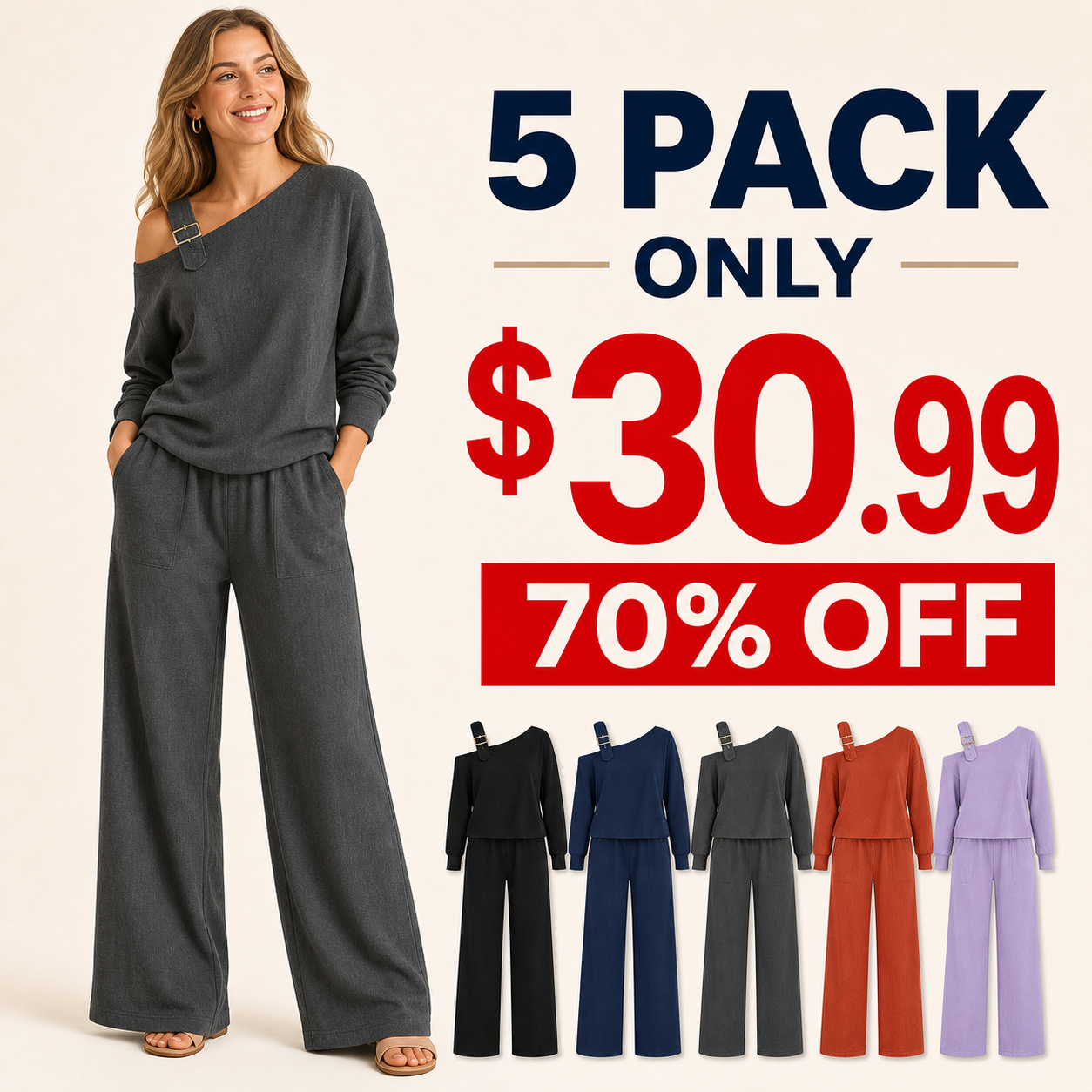 5 pack deep colors only 30.99 dollars women's off shoulder buckle lounge set