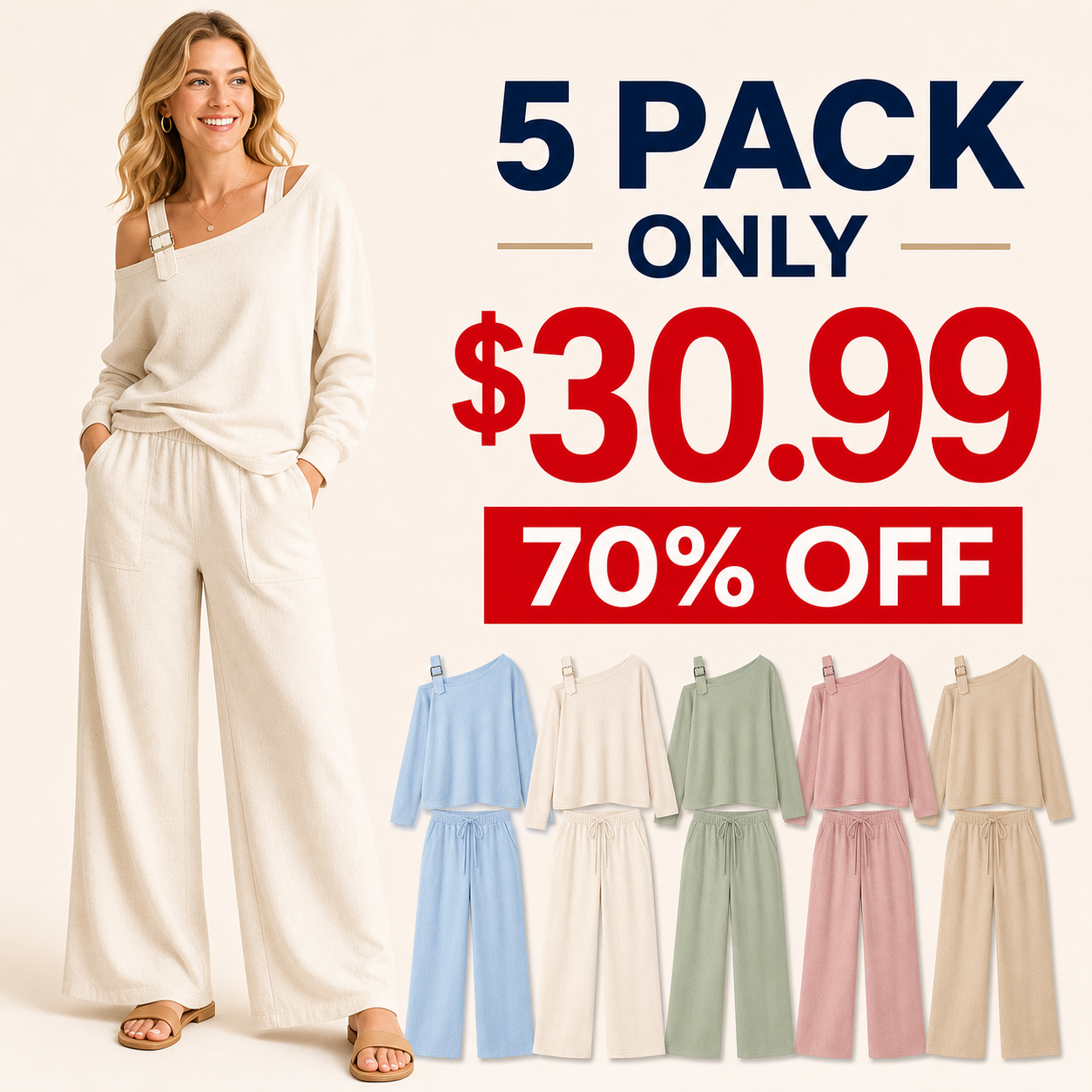 5 pack light colors only 30.99 dollars women's off shoulder buckle lounge set
