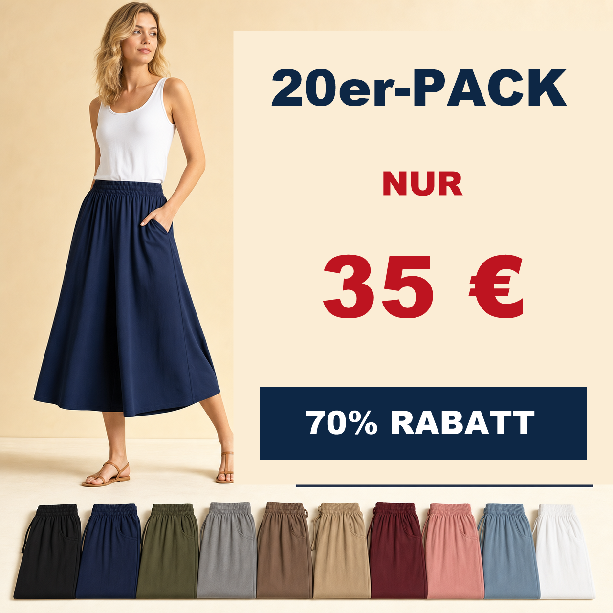 ⏰Räumungsverkauf⚡10er-Pack für 28 €⚡ Damen-Culotte-Midirock mit hoher Taille und weitem Bein