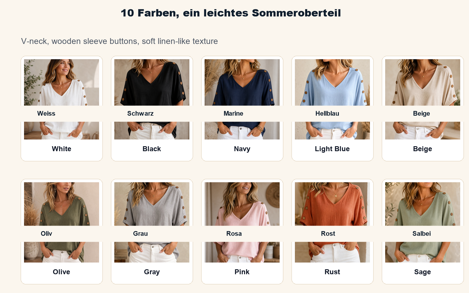 ⏰Räumungsverkauf⚡10er-Pack für 28 €⚡ Damenbluse mit V-Ausschnitt und Knopfärmeln