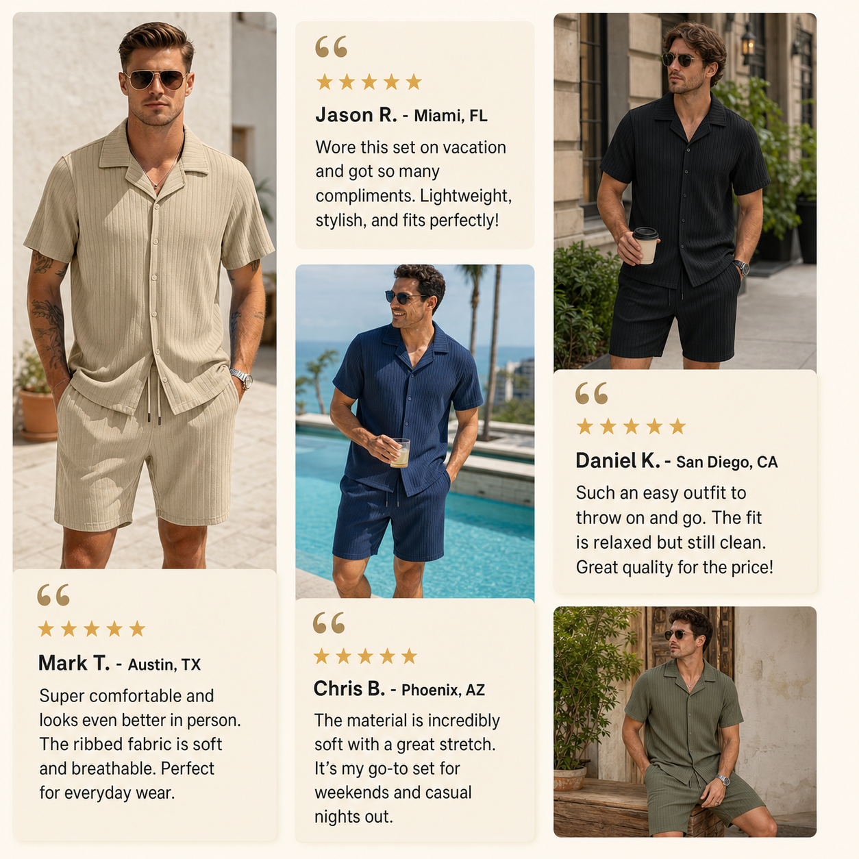 Customer review snapshot men's ribbed shirt and shorts set