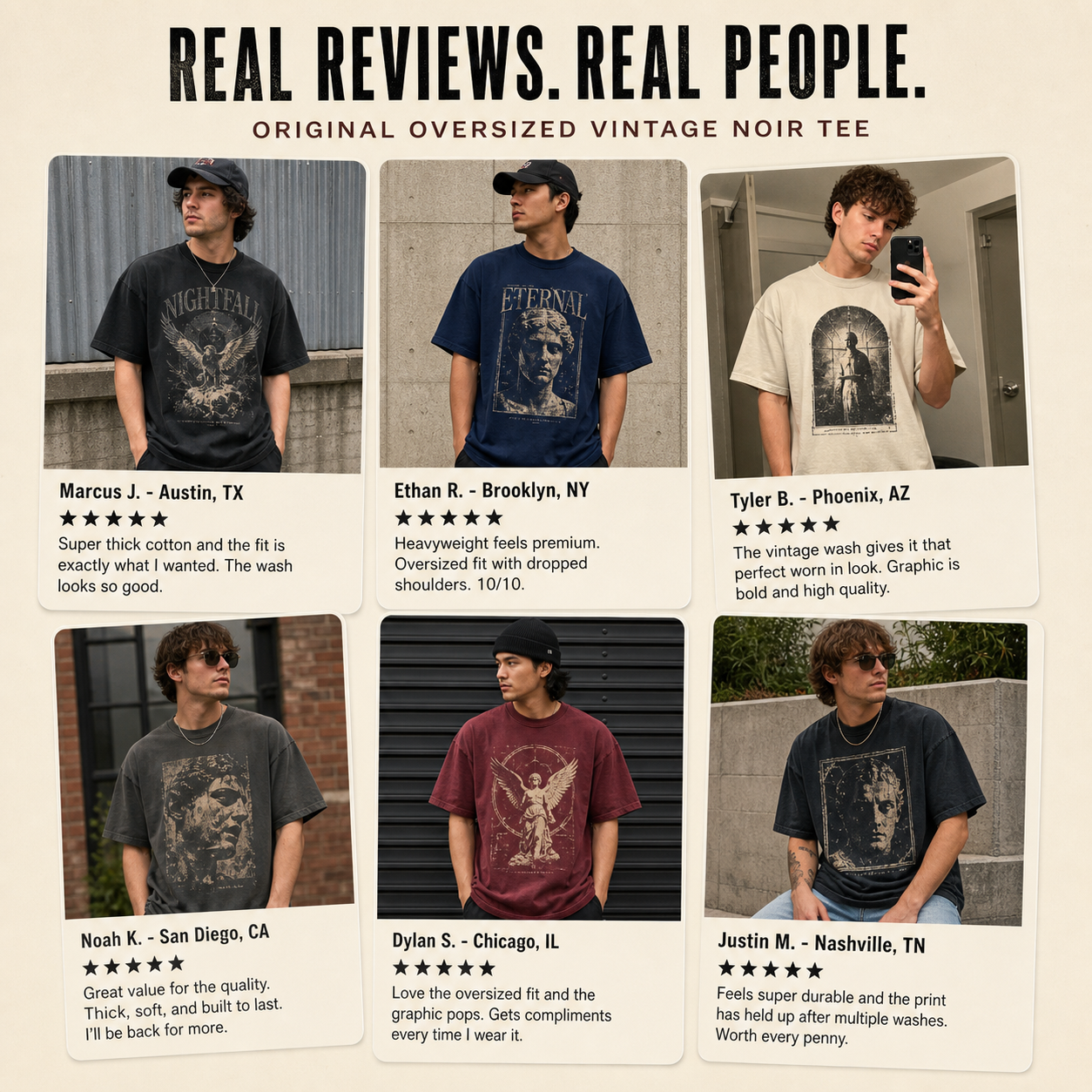 Customer review snapshot men's vintage noir graphic tee