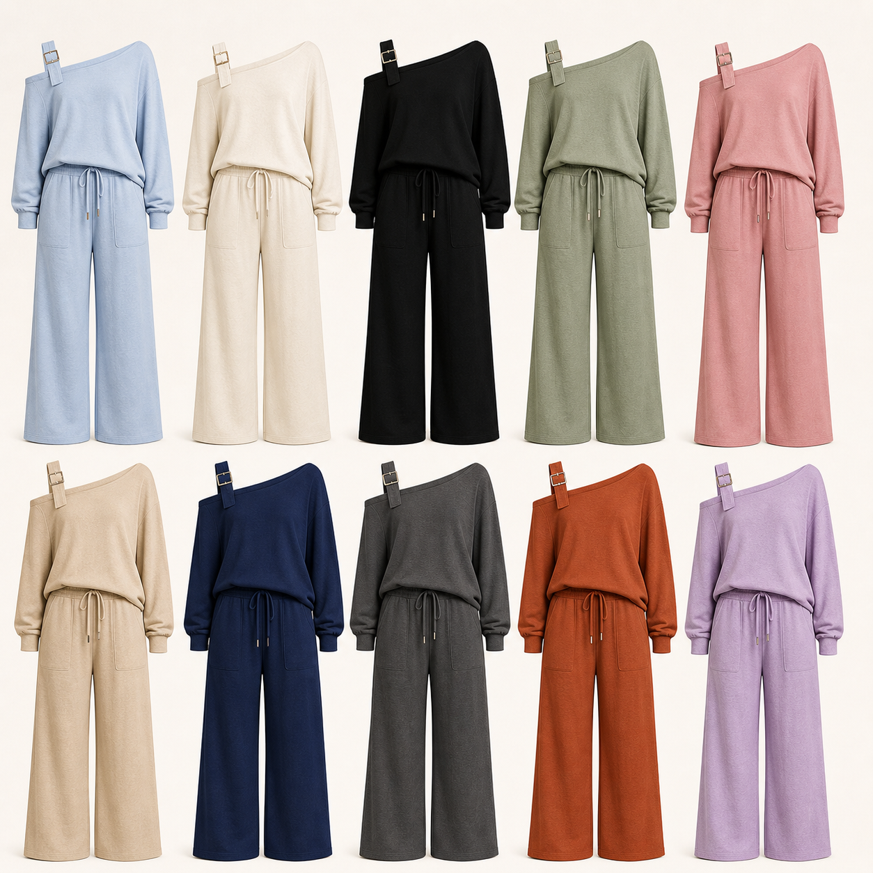 Ten color lineup women's off shoulder buckle lounge set