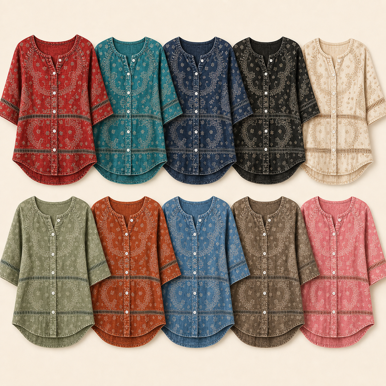 Ten color lineup women's western boho paisley button top