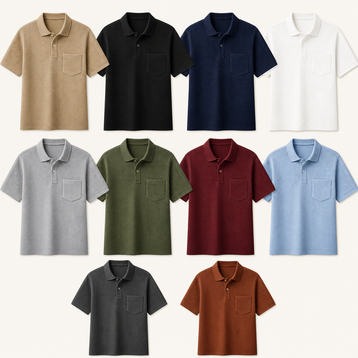 Ten color lineup men's textured waffle pocket polo shirt