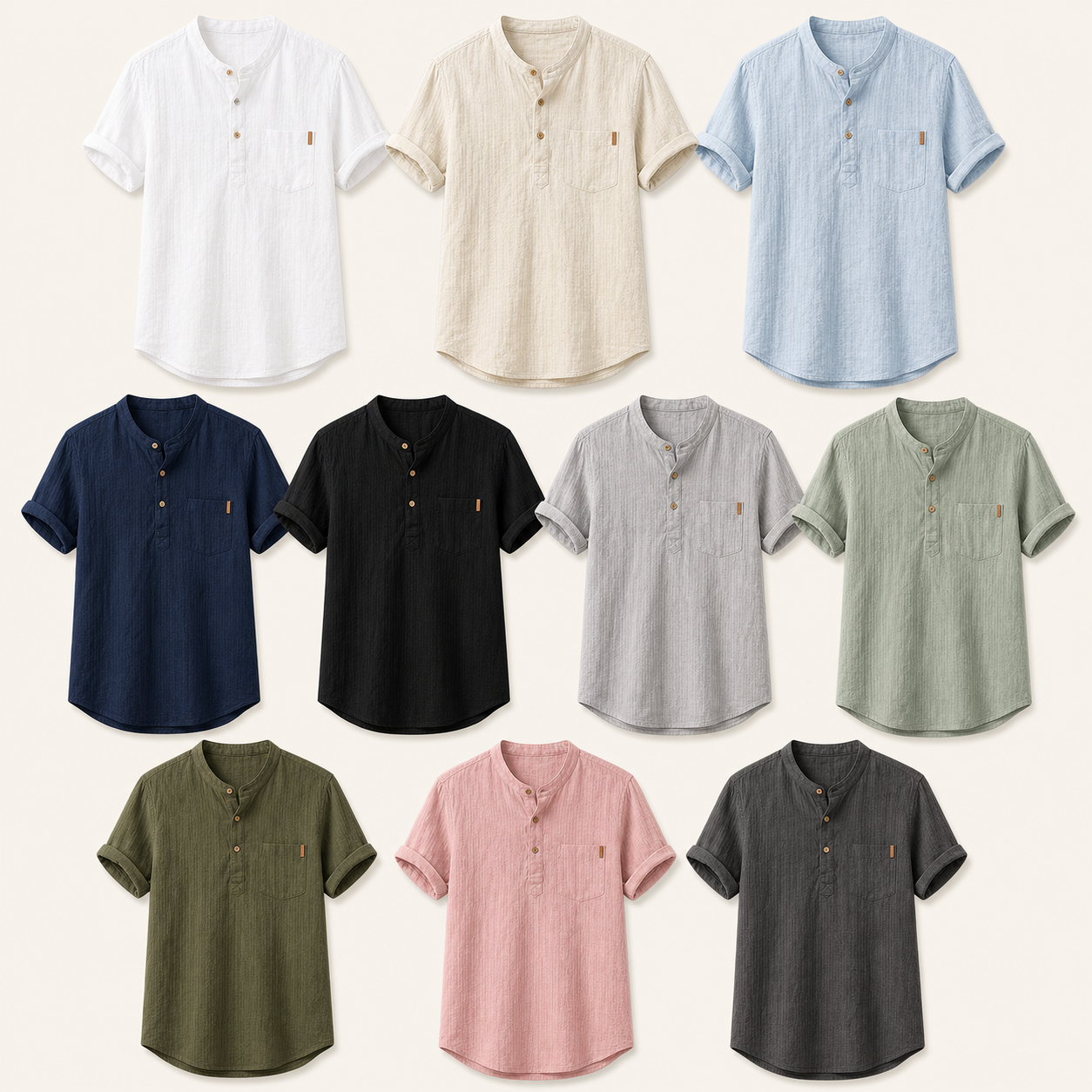 Ten color lineup men's short sleeve band collar pocket henley shirt