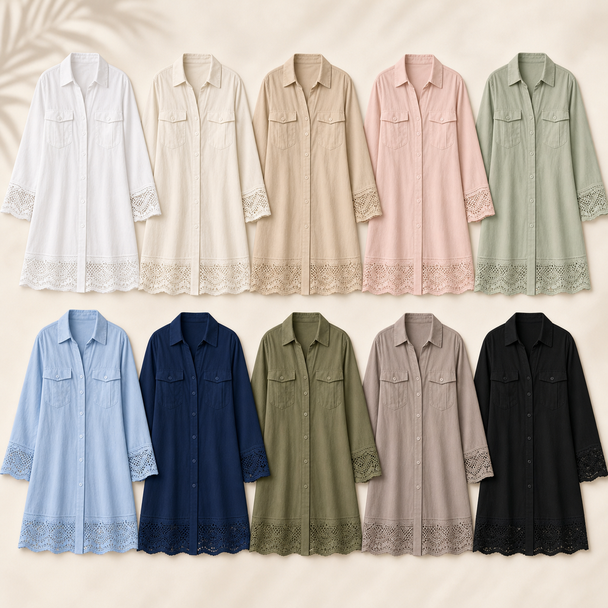 ⏰Räumungsverkauf⚡10er-Pack für 28 €⚡ Damen-Hemdkleid mit Knopfleiste und Spitzenbesatz