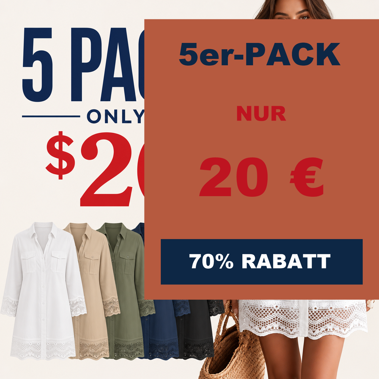 ⏰Räumungsverkauf⚡10er-Pack für 28 €⚡ Damen-Hemdkleid mit Knopfleiste und Spitzenbesatz