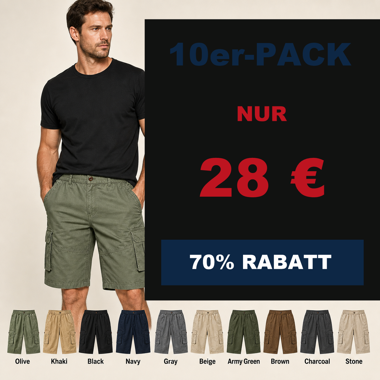 ⏰Räumungsverkauf⚡10er-Pack für 28 €⚡ Herren-Cargo-Shorts mit elastischem Bund