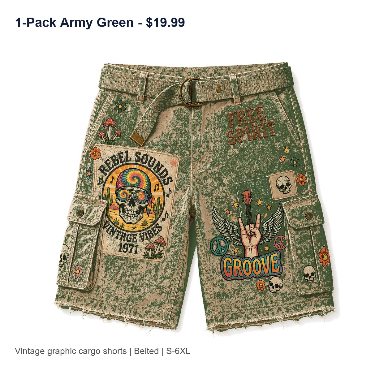 Men's vintage graphic cargo shorts - variant army green