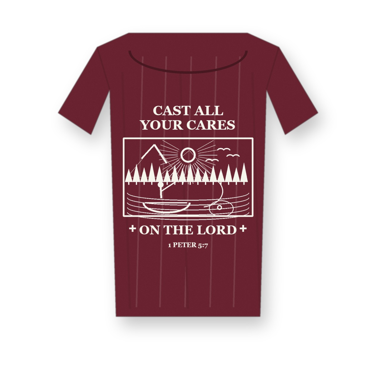 Revised 1200x1200 Men's Cast All Your Cares fishing tee - variant burgundy