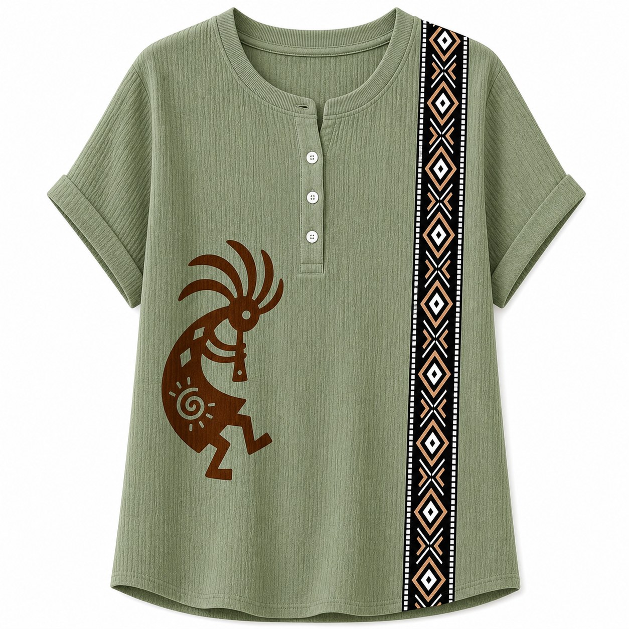 Women's Southwest Kokopelli henley top - variant sage green