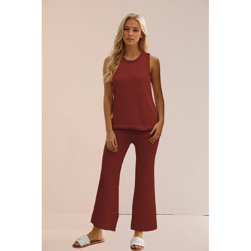 Summer new solid color knitted casual suit simple European and American style vest pullover two-piece set for women