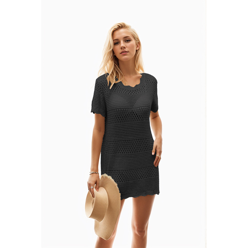 Summer new hot style round neck hand hook beach hollow blouse striped dress