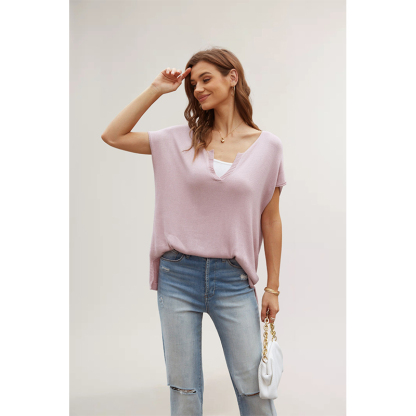 Summer women's new style V-neck solid color slit short-sleeved loose large size pullover sweater