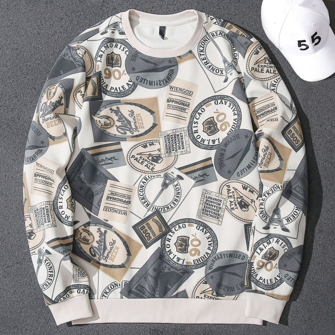 Handsome Autumn Signature Printed Round Neck Sweater Men's Trendy Brand Korean Style Casual Pullover Bottoming Shirt Versatile Long Sleeve Top