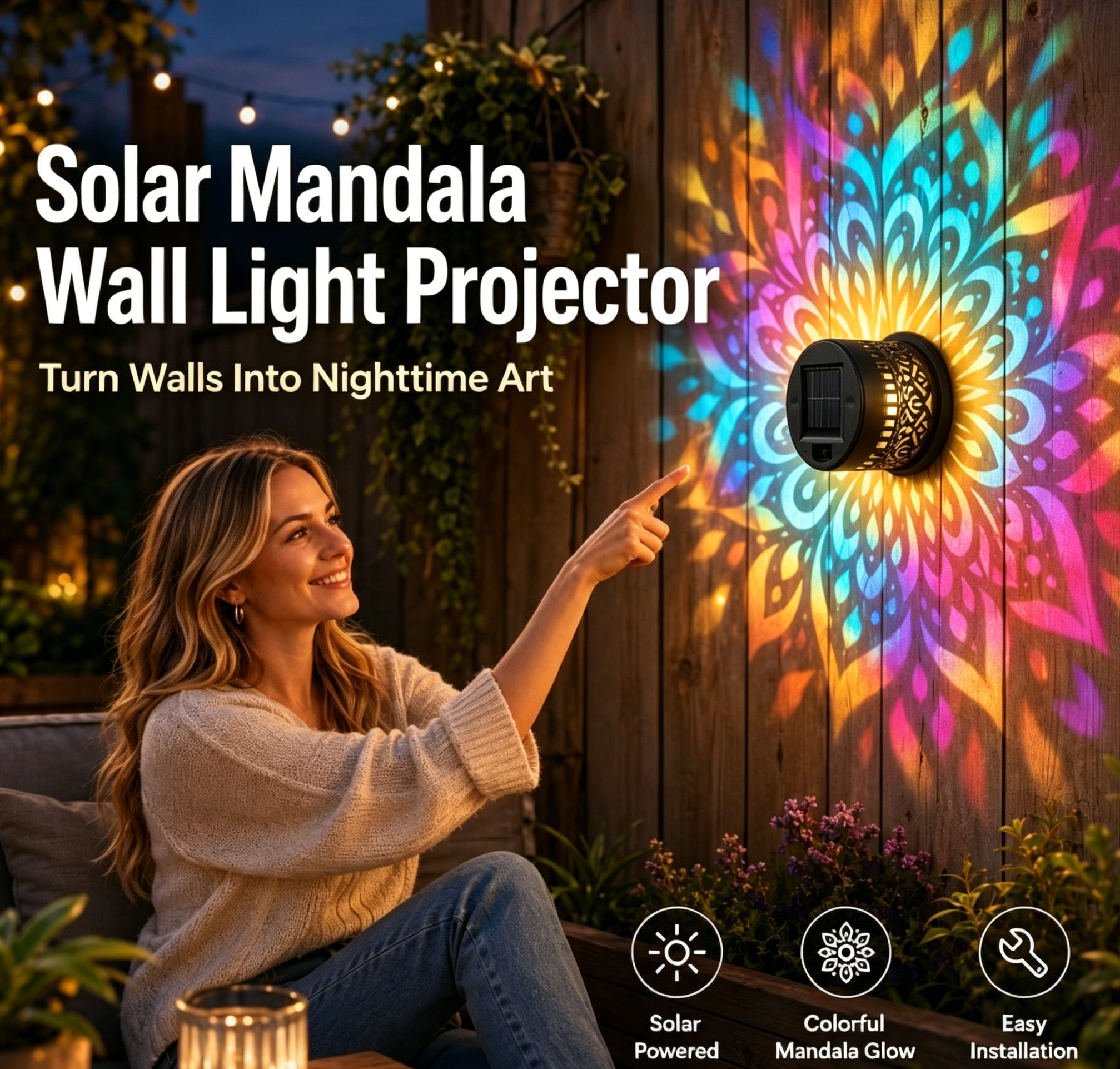 ✨Solar Mandala Wall Light Outdoor Garden Fence Projector Lamp Patio Ambient Decor