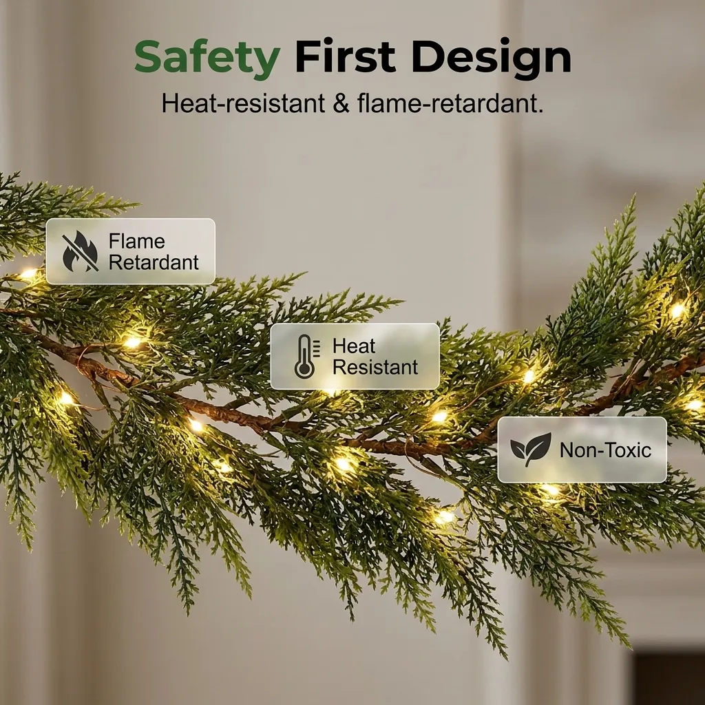 Cedar garland styled with warm LED holiday lights