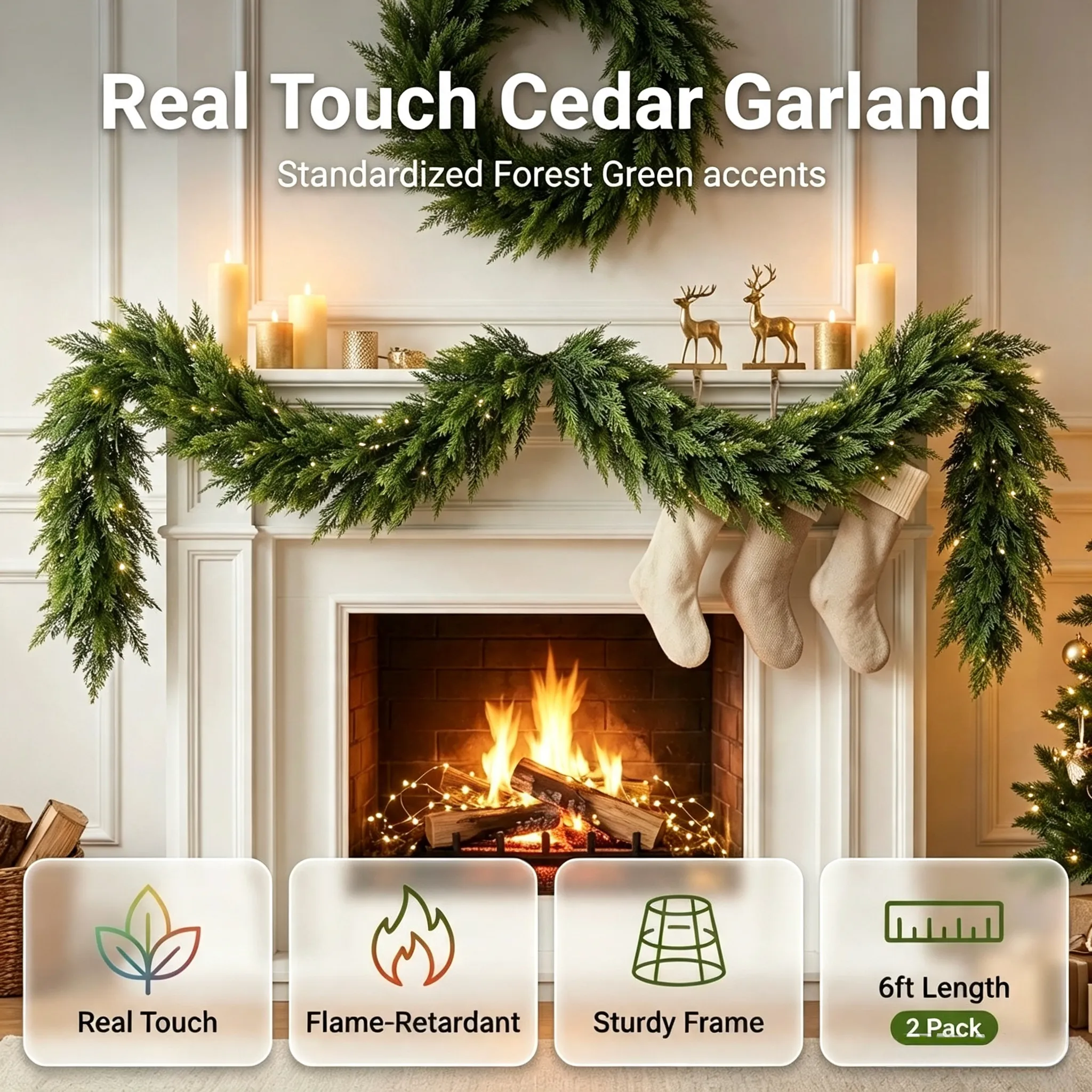 Lifelike cedar garland styled for Christmas