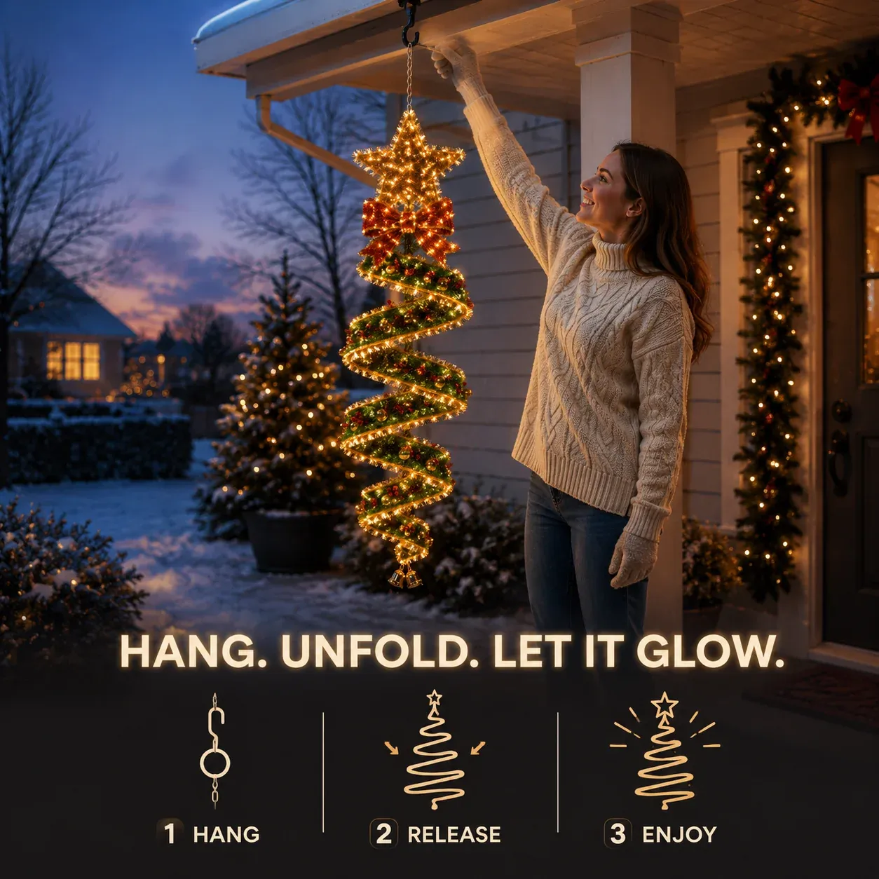 Hanging Christmas tree light displayed in holiday home