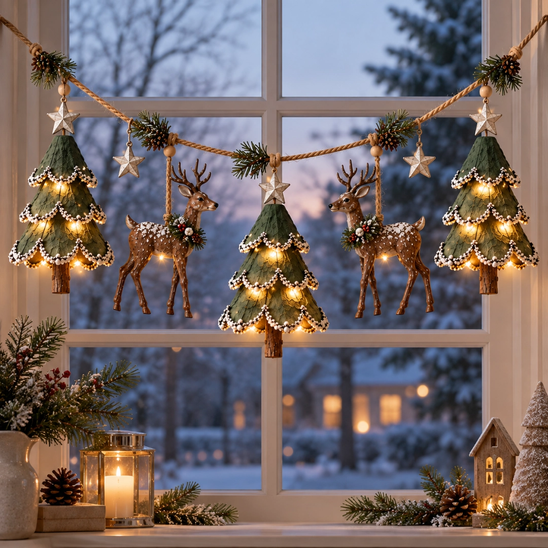 Lighted woodland garland glowing across a window at dusk