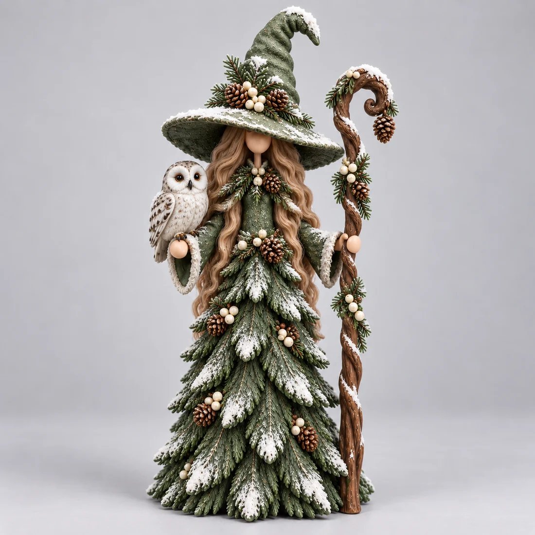 Woodland Keeper green Christmas witch with white owl