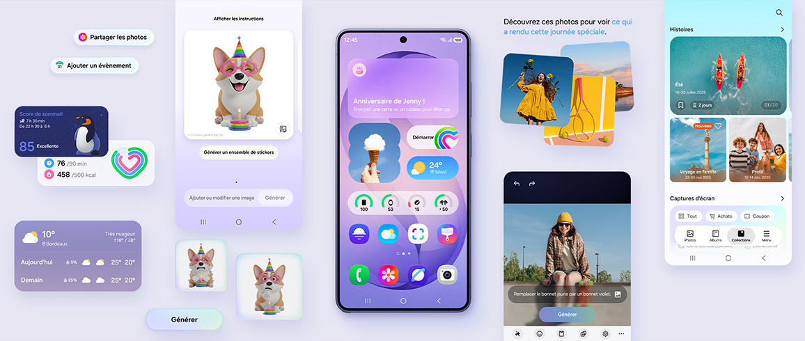 Le Galaxy S26 Ultra est visible depuis l’écran principal. Diverses fonctionnalités actives, davantage personnalisées en fonction des besoins et des habitudes de l’utilisateur, encadrent l’appareil. Il s’agit notamment de Creative Studio, Assistant Photo et bien d’autres encore.