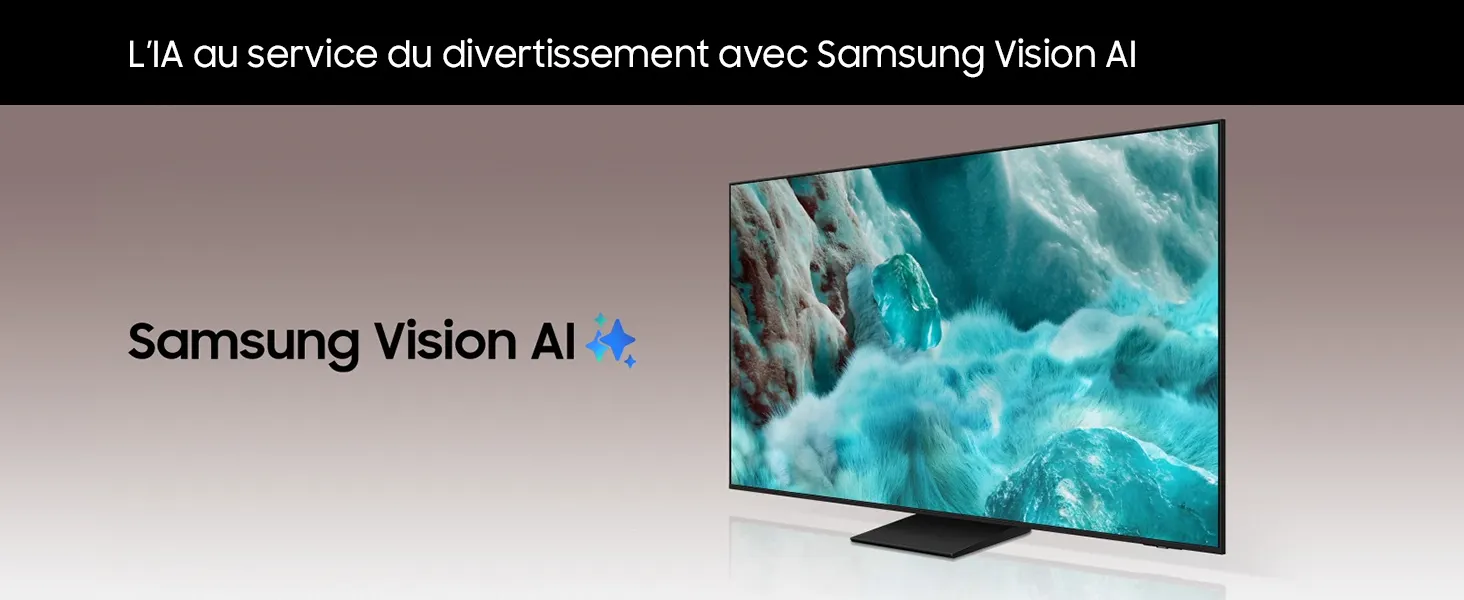 Le texte indique &laquo; Le Gaming Odyssey de LG est plus immersif avec Samsung Vision AI &raquo;. Logo Samsung Vision AI avec imagerie visuelle bleu sarcelle de l'eau et de l'oc&eacute;an.