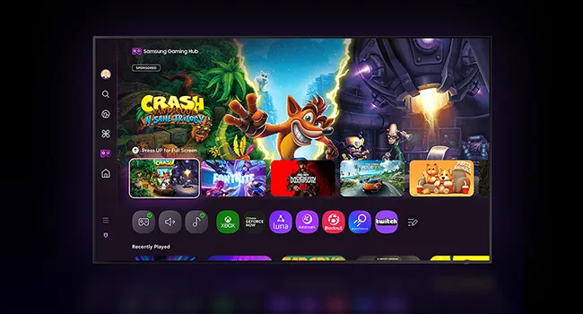 Le texte indique « SMASH » sur l'écran de l'interface de jeu affichant du contenu coloré avec des vignettes du jeu, des icônes du menu de navigation et un fond dégradé violet-bleu.
