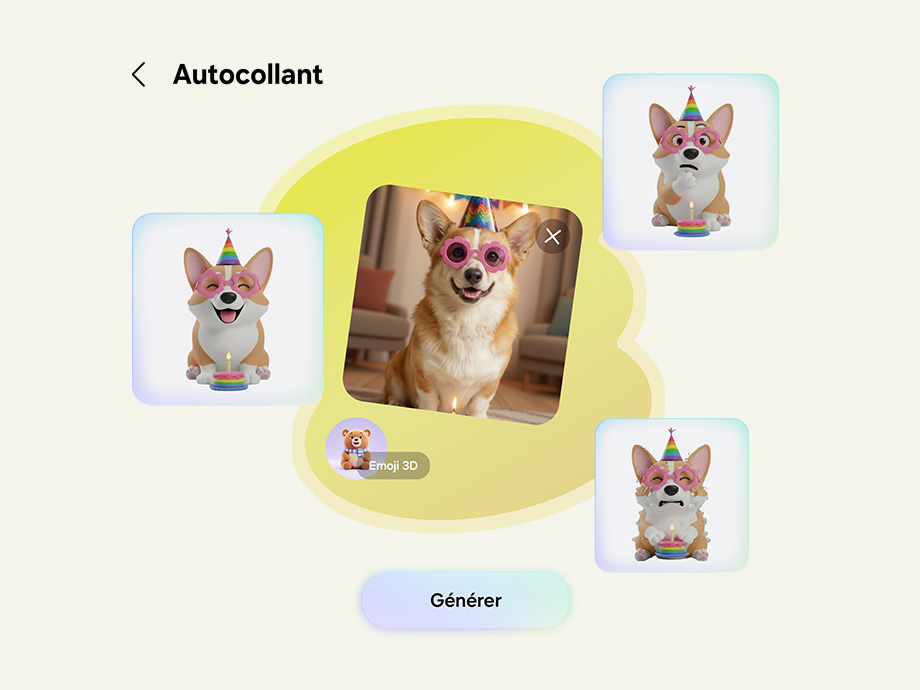 Une photo d’un chien portant des lunettes de soleil a été utilisée pour créer un pack d’autocollants représentant diverses émotions dans Creative Studio.