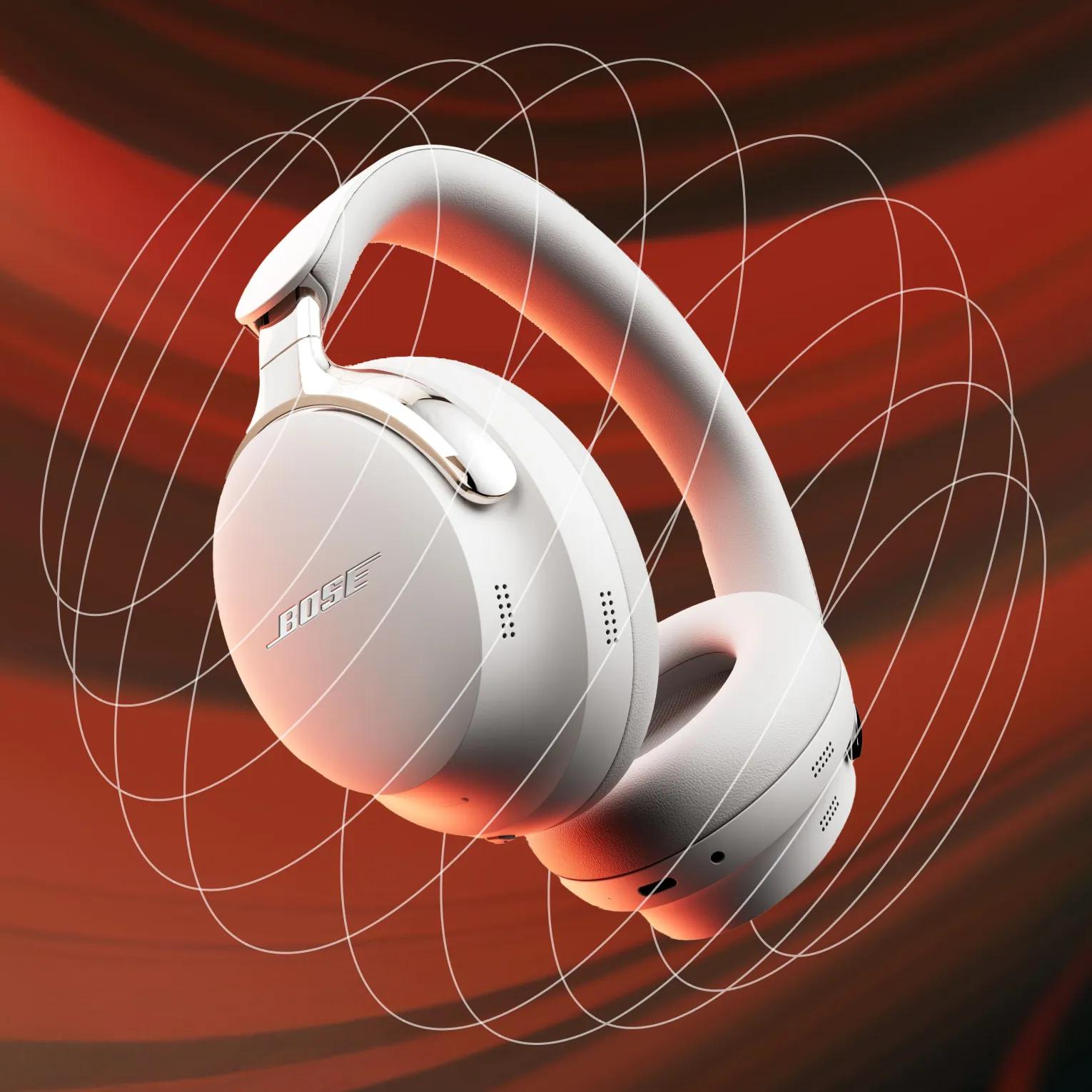 Le casque Bose QuietComfort Ultra (2e&nbsp;g&eacute;n&eacute;ration) entour&eacute; de lignes qui donnent l&rsquo;effet du mode Cin&eacute;ma.